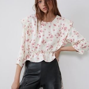 Zara White Floral Printed Top with Ruffles NWT